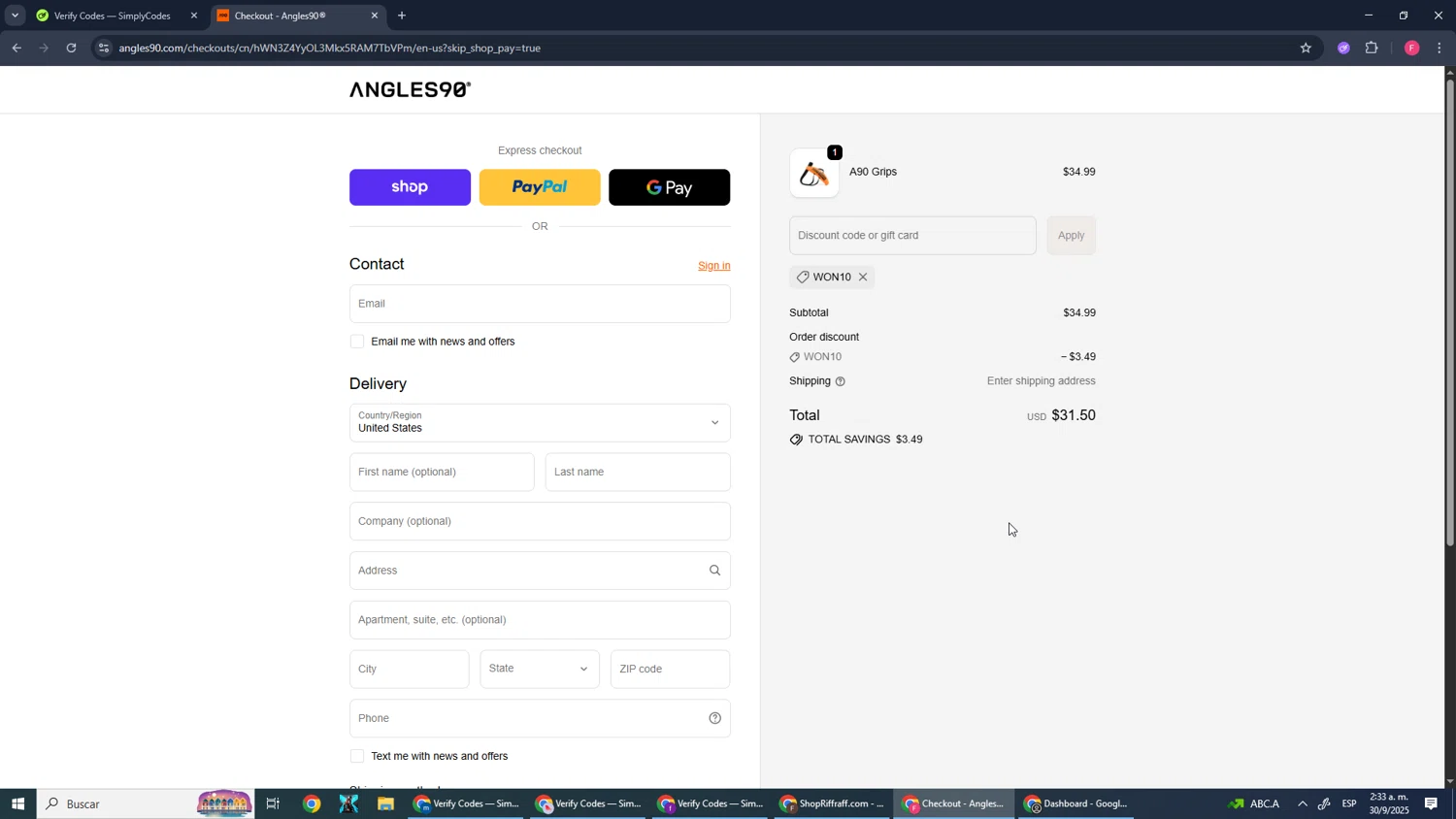 Angles90 discount code screenshot showing code won10 applied at Angles90 checkout page. Uploaded by SimplyCodes community member CleverMonarch1744 on Sep 30, 2025