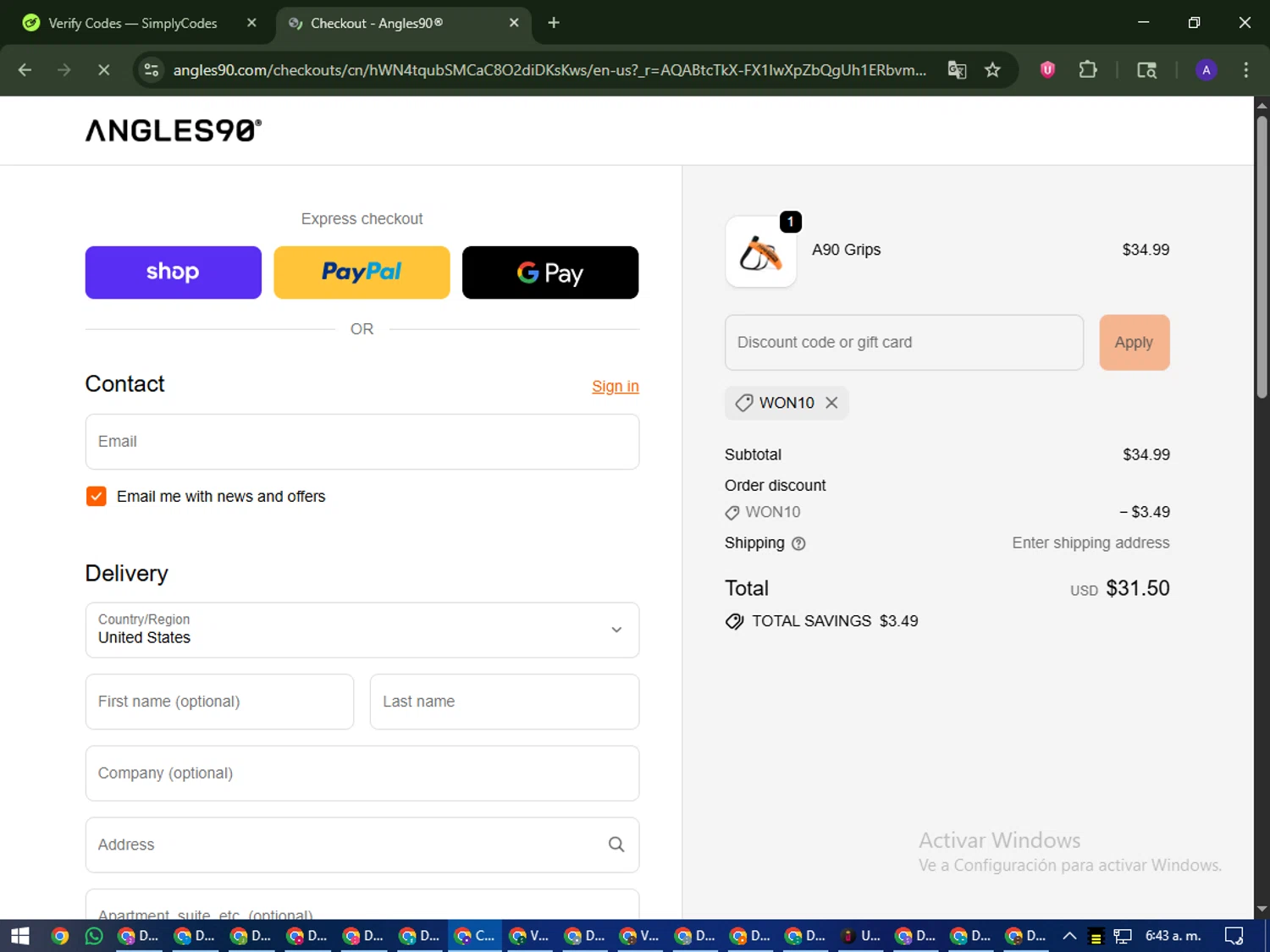 Angles90 discount code screenshot showing code won10 applied at Angles90 checkout page. Uploaded by SimplyCodes community member MagnificentWarden4603 on Nov 4, 2025
