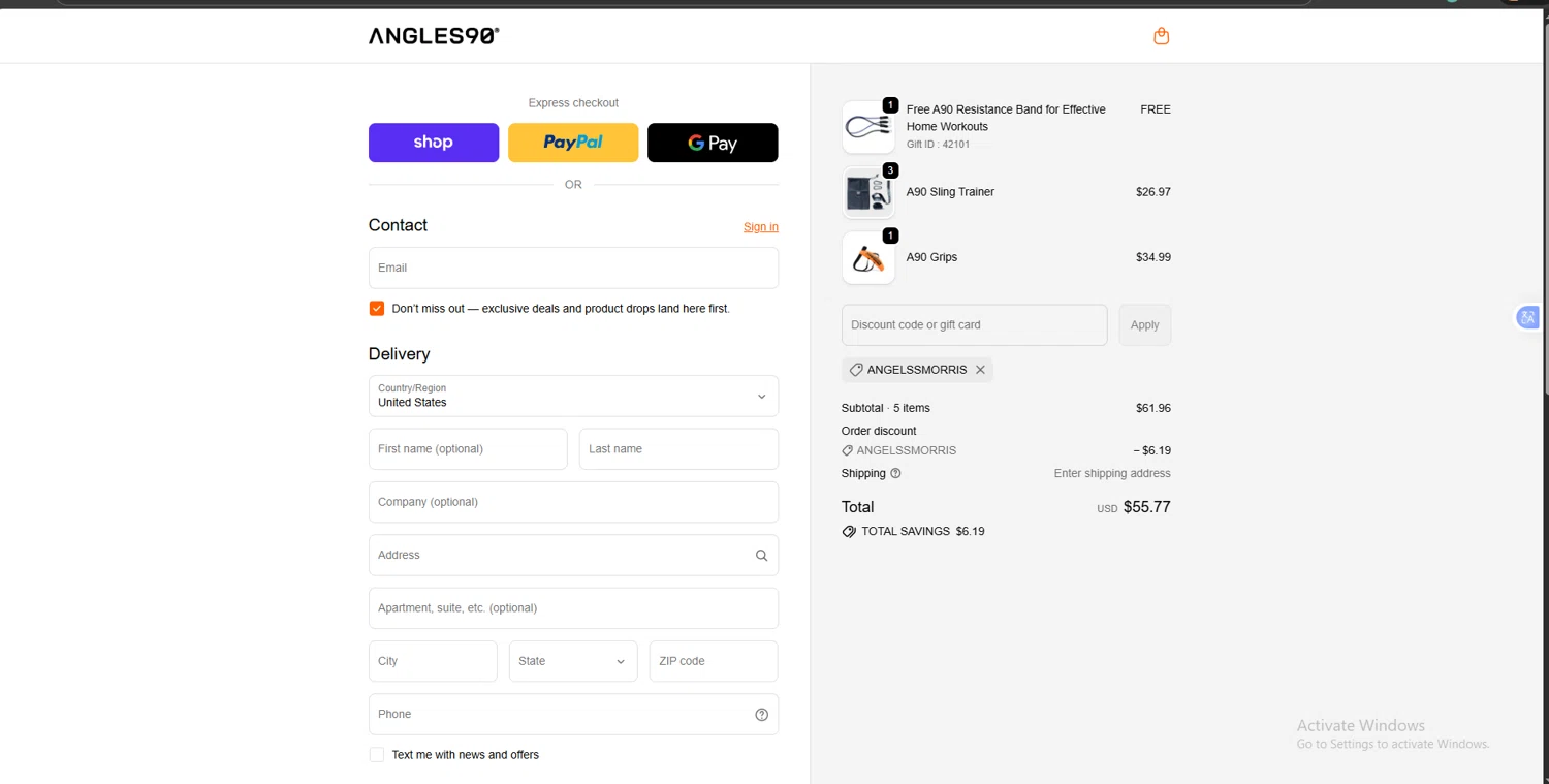 Angles90 discount code screenshot showing code ANGELSSMORRIS applied at Angles90 checkout page. Uploaded by SimplyCodes community member kasukikay on Feb 11, 2026