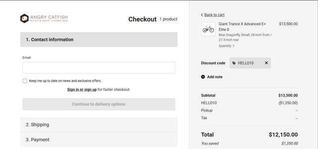 Angry Catfish Bicycle checkout page showing Angry Catfish Bicycle promo code box | Screenshot taken by SimplyCodes community member on Jul 24, 2025