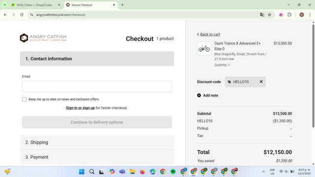 Angry Catfish Bicycle checkout page showing Angry Catfish Bicycle promo code box | Screenshot taken by SimplyCodes community member on Apr 12, 2025