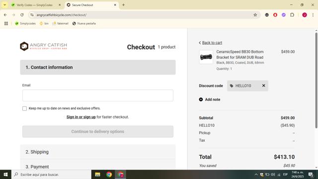Angry Catfish Bicycle checkout page showing Angry Catfish Bicycle promo code box | Screenshot taken by SimplyCodes community member on Jun 24, 2025