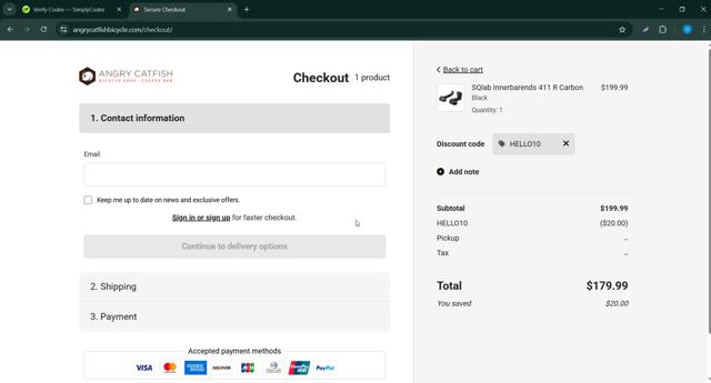 Angry Catfish Bicycle checkout page showing Angry Catfish Bicycle promo code box | Screenshot taken by SimplyCodes community member on Mar 10, 2025