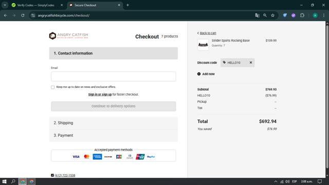 Angry Catfish Bicycle checkout page showing Angry Catfish Bicycle promo code box | Screenshot taken by SimplyCodes community member on Jun 10, 2025