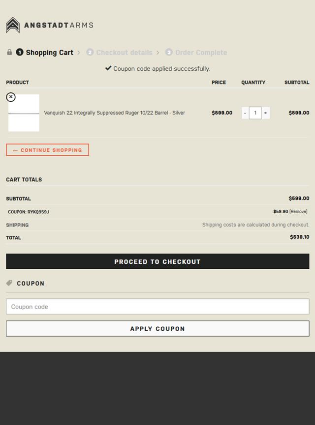 Angstadt Arms checkout page showing Angstadt Arms coupon code box | Screenshot taken by SimplyCodes community member on Feb 4, 2025