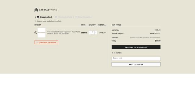 Angstadt Arms checkout page showing Angstadt Arms coupon code box | Screenshot taken by SimplyCodes community member on Feb 15, 2025