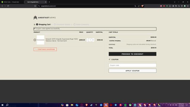 Angstadt Arms checkout page showing Angstadt Arms coupon code box | Screenshot taken by SimplyCodes community member on Feb 15, 2025