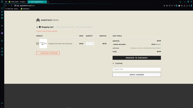 Angstadt Arms checkout page showing Angstadt Arms coupon code box | Screenshot taken by SimplyCodes community member on Mar 9, 2025
