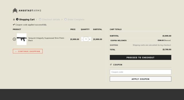 Angstadt Arms checkout page showing Angstadt Arms coupon code box | Screenshot taken by SimplyCodes community member on Feb 8, 2025