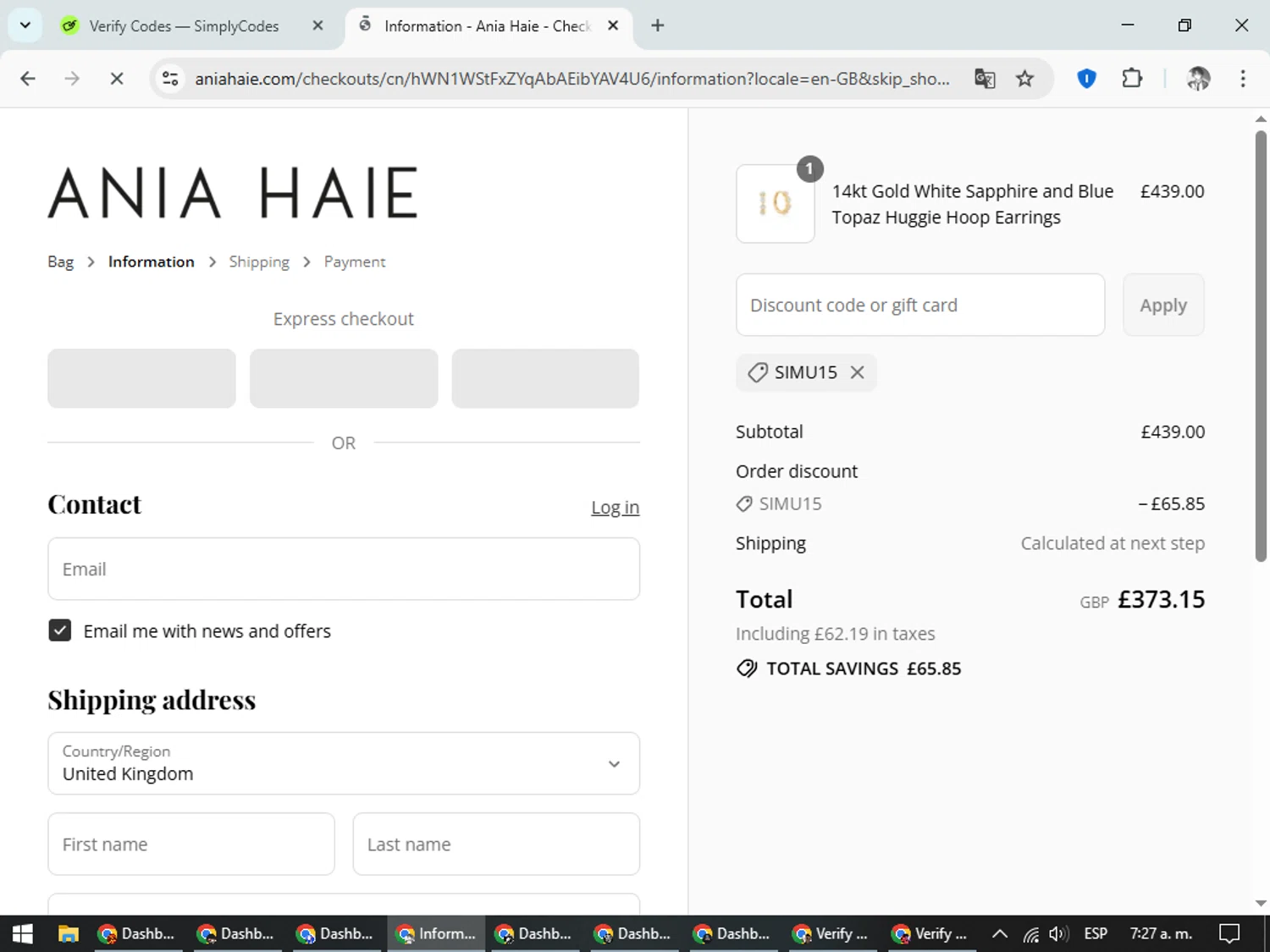 Ania Haie promo code screenshot showing code SIMU15 applied at Ania Haie checkout page. Uploaded by SimplyCodes community member CleverLegend6607 on Aug 7, 2025