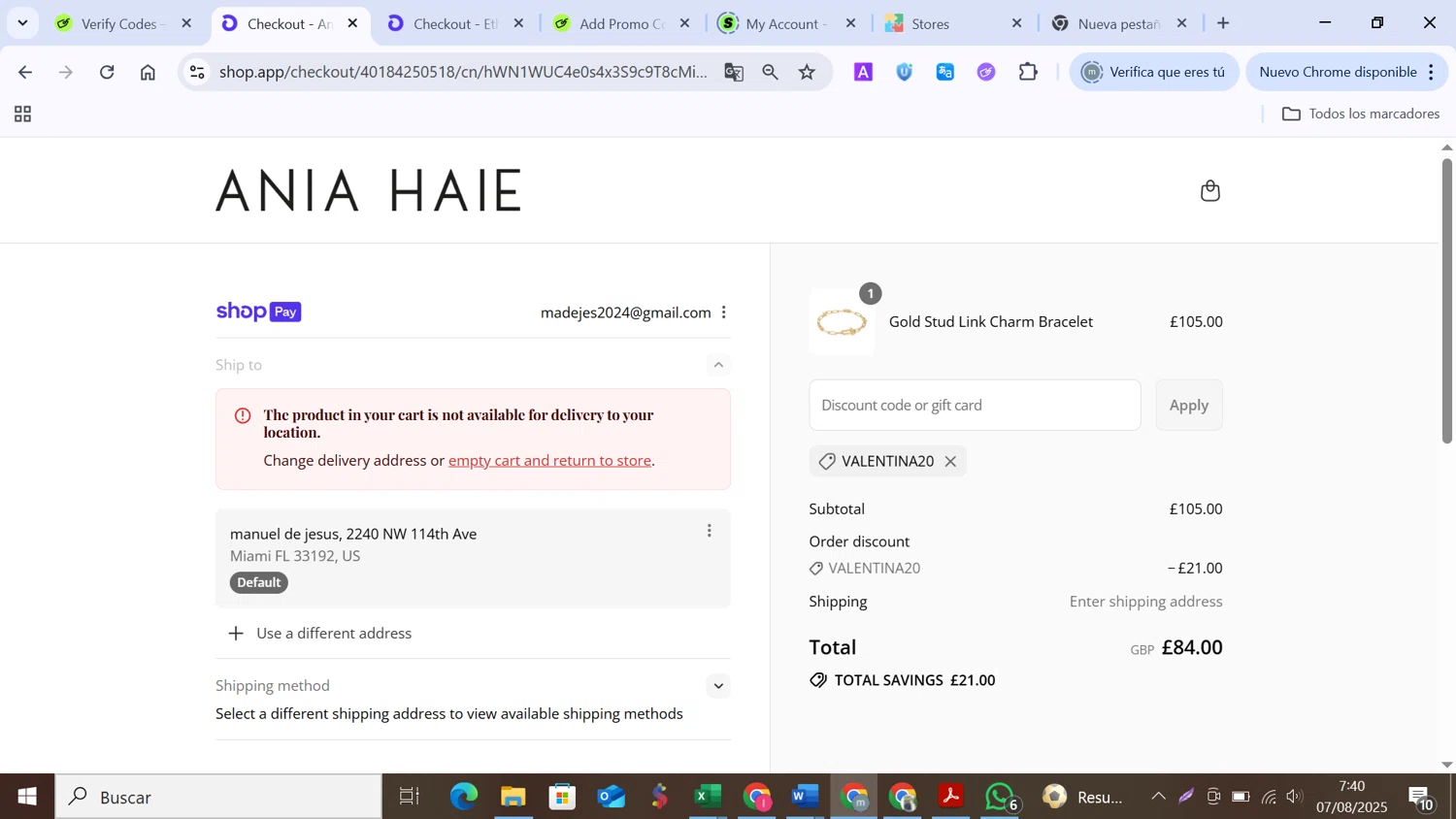 Ania Haie promo code screenshot showing code VALENTINA20 applied at Ania Haie checkout page. Uploaded by SimplyCodes community member MANUELURBINA on Aug 7, 2025