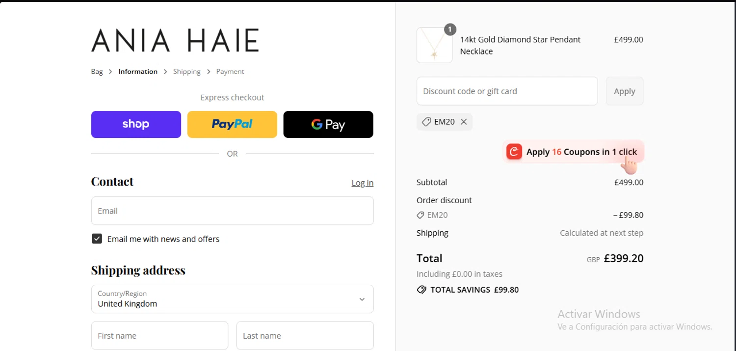 Ania Haie promo code screenshot showing code Em20 applied at Ania Haie checkout page. Uploaded by SimplyCodes community member RewardLynx9164 on Aug 7, 2025