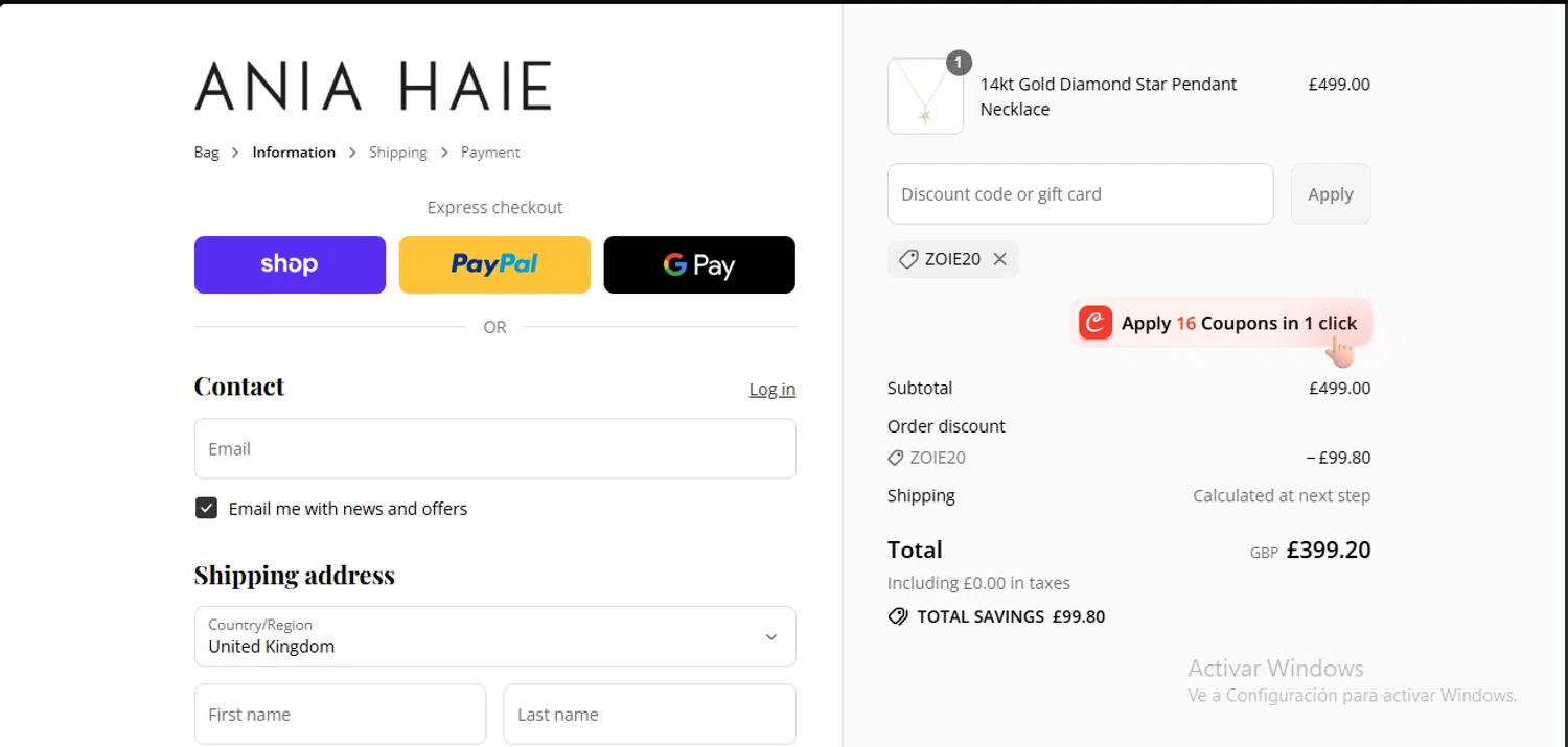 Ania Haie promo code screenshot showing code Zoie20 applied at Ania Haie checkout page. Uploaded by SimplyCodes community member RewardLynx9164 on Aug 7, 2025