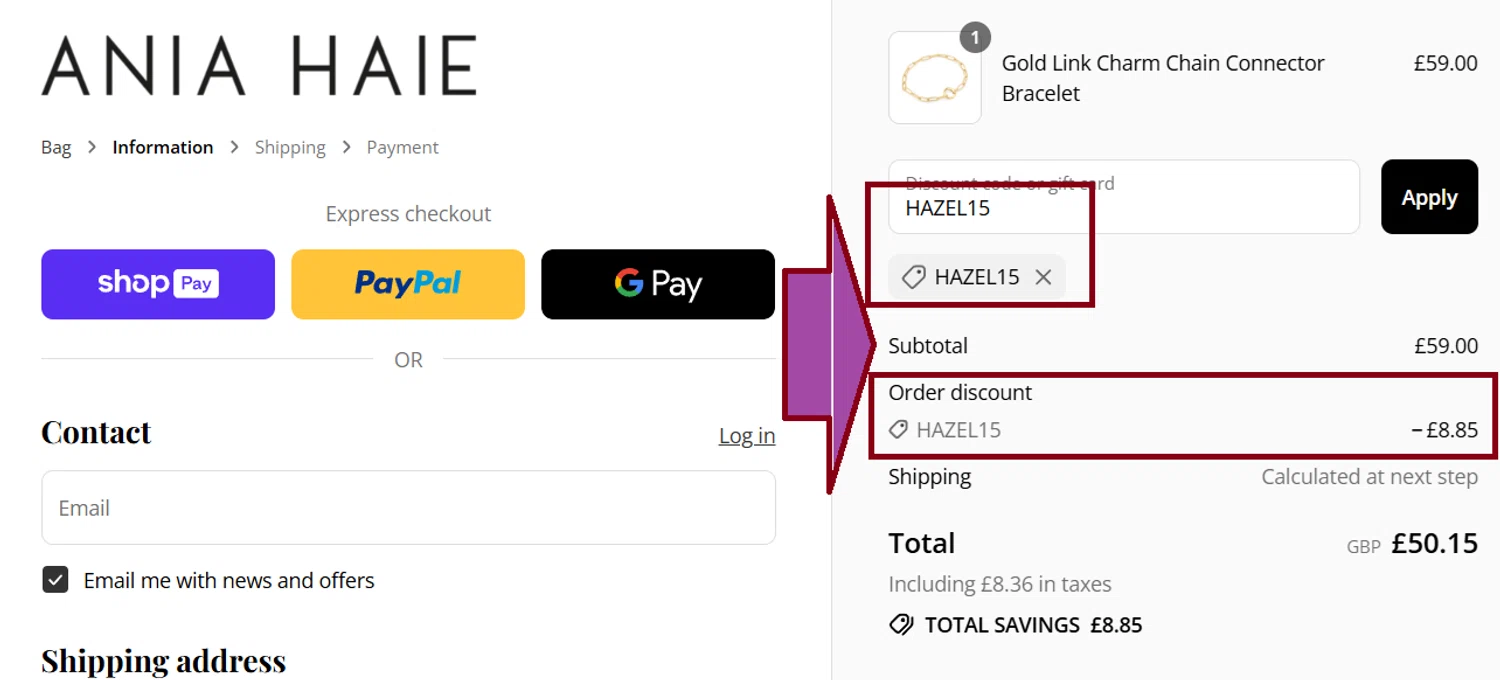 Ania Haie promo code screenshot showing code HAZEL15 applied at Ania Haie checkout page. Uploaded by SimplyCodes community member kattylar on Aug 14, 2025