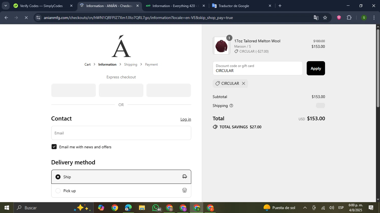 Anian discount code screenshot showing code CIRCULAR applied at Anian checkout page. Uploaded by SimplyCodes community member RewardMaverick445 on Aug 4, 2025