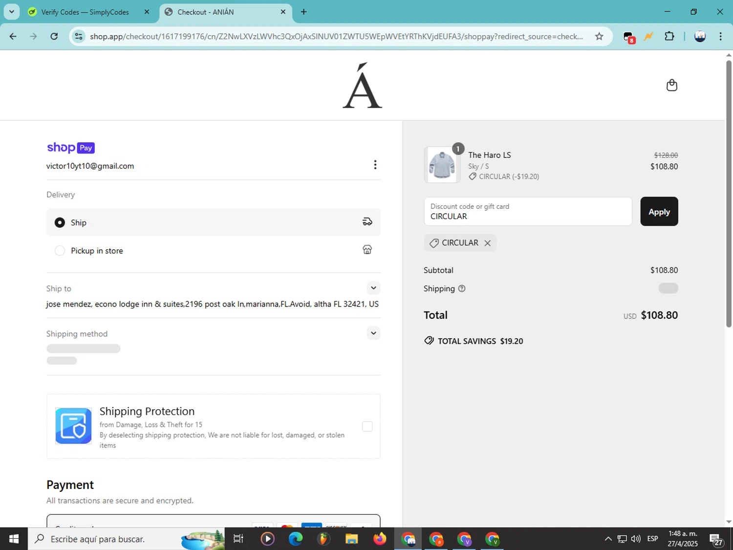 Anian discount code screenshot showing code CIRCULAR applied at Anian checkout page. Uploaded by SimplyCodes community member Soyvictor on Apr 27, 2025