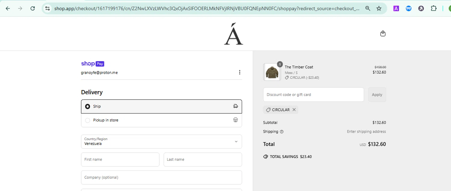 Anian discount code screenshot showing code CIRCULAR applied at Anian checkout page. Uploaded by SimplyCodes community member MARCVH on Mar 31, 2025