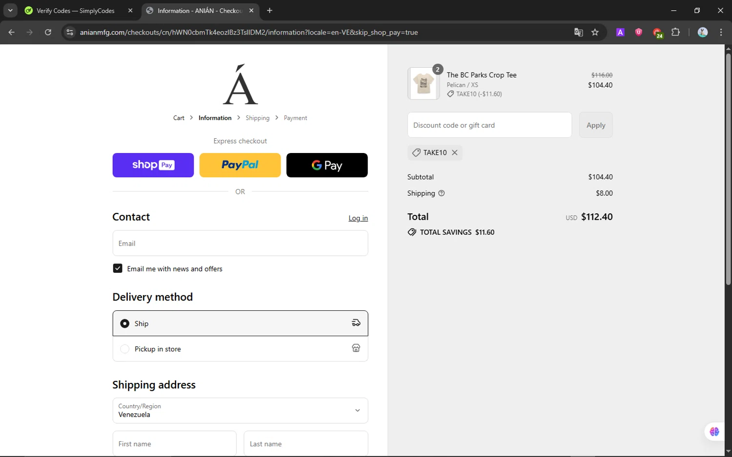 Anian discount code screenshot showing code TAKE10 applied at Anian checkout page. Uploaded by SimplyCodes community member NobleScholar188 on Jul 14, 2025