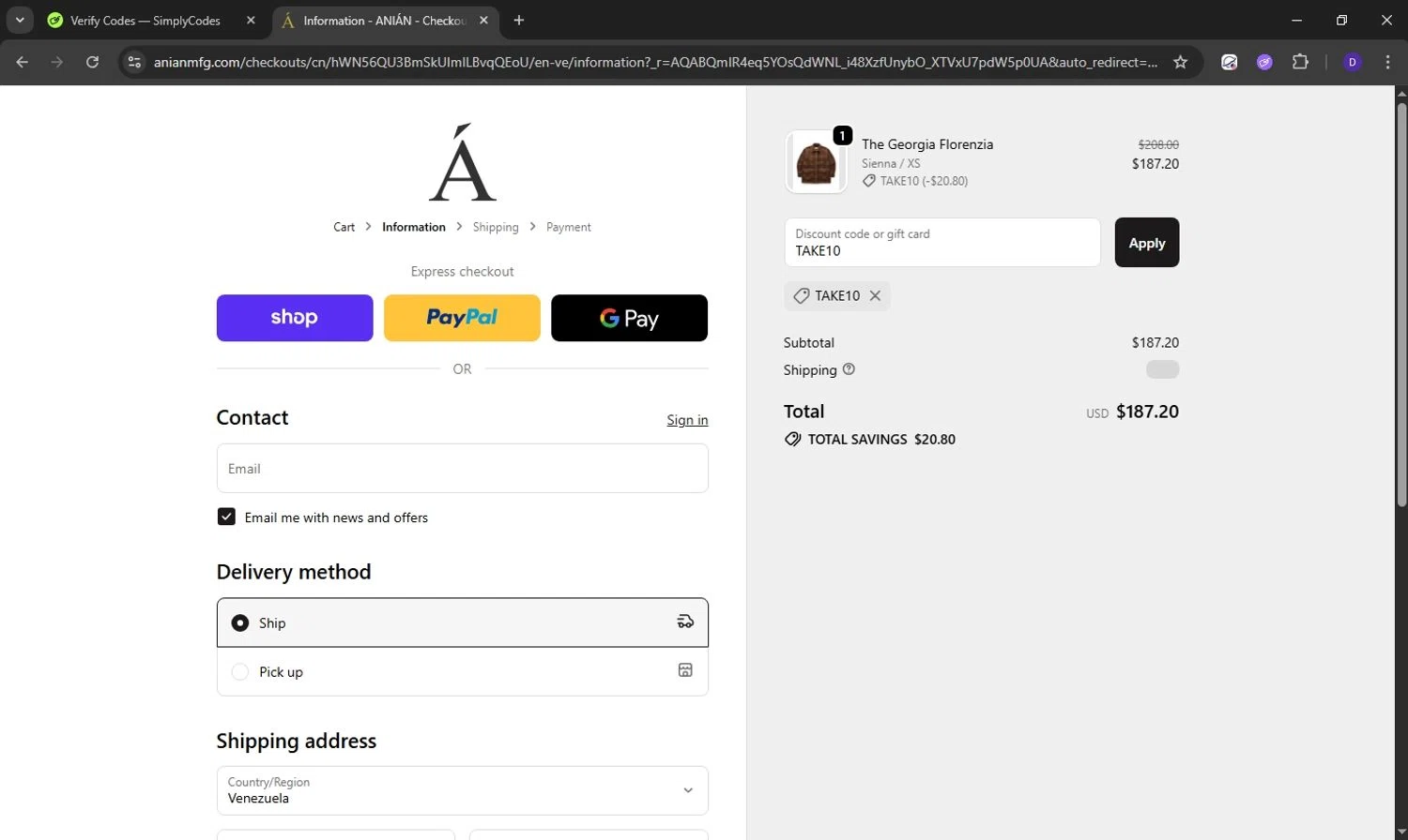 Anian discount code screenshot showing code TAKE10 applied at Anian checkout page. Uploaded by SimplyCodes community member Obito6245825041527 on Nov 9, 2025