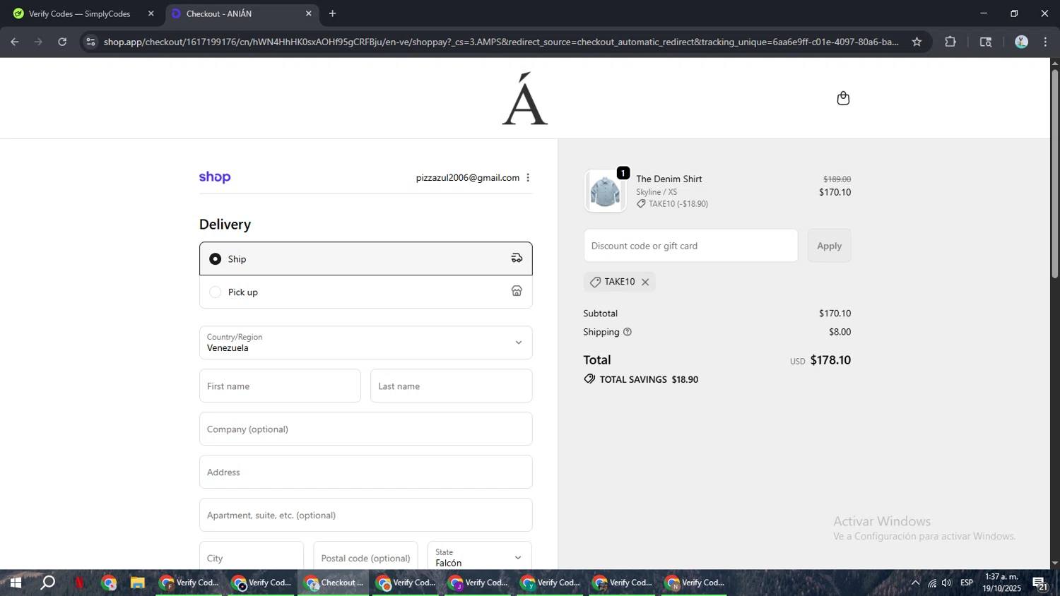 Anian discount code screenshot showing code TAKE10 applied at Anian checkout page. Uploaded by SimplyCodes community member ShrewdSeeker6165 on Oct 19, 2025