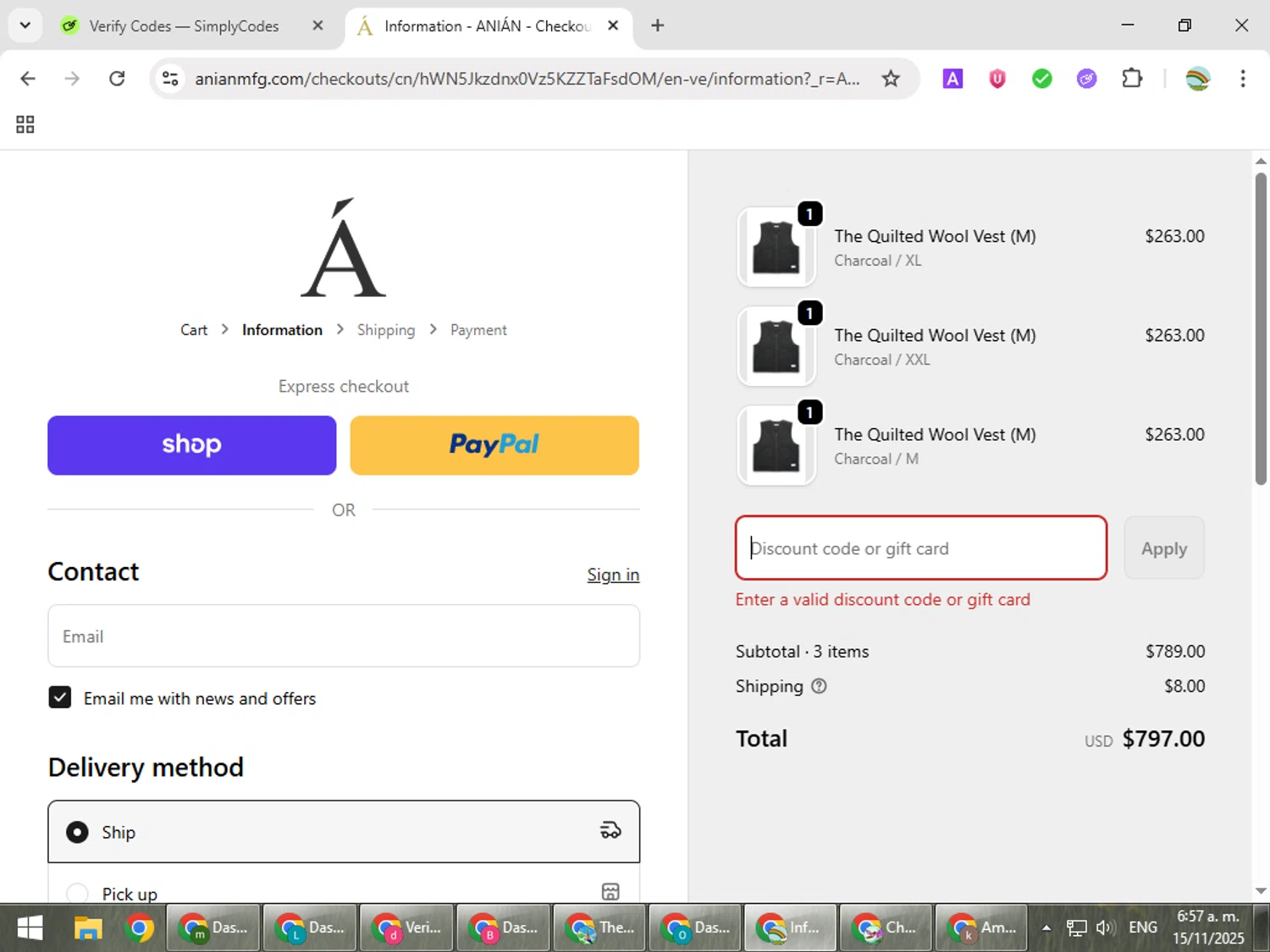 Anian discount code screenshot showing code TIMOTHYDYCK applied at Anian checkout page. Uploaded by SimplyCodes community member CoinMaven5220 on Nov 15, 2025