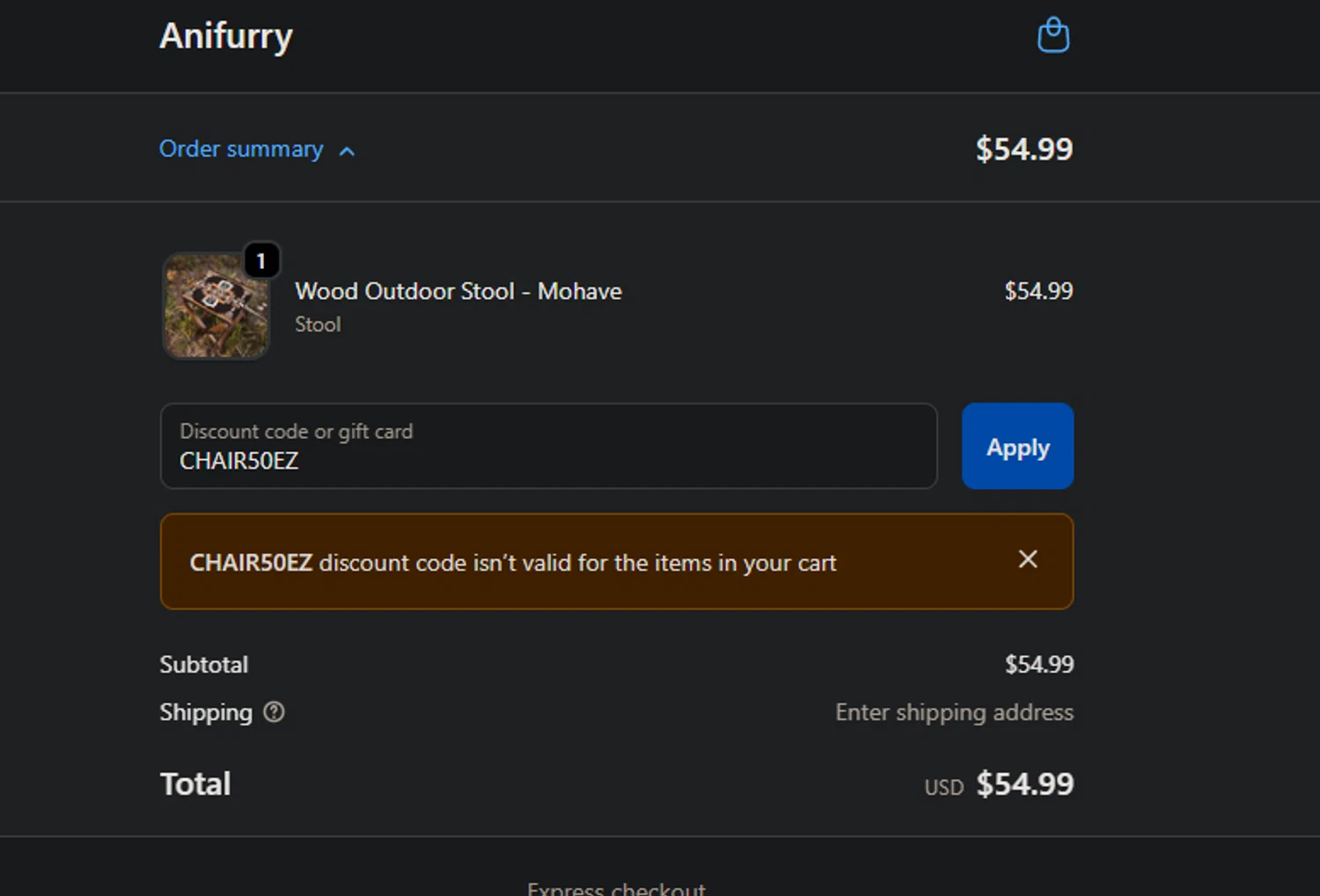 Anifurry discount code screenshot showing code CHAIR50EZ applied at Anifurry checkout page. Uploaded by SimplyCodes community member FIREINTHEHOLE on Nov 30, 2025