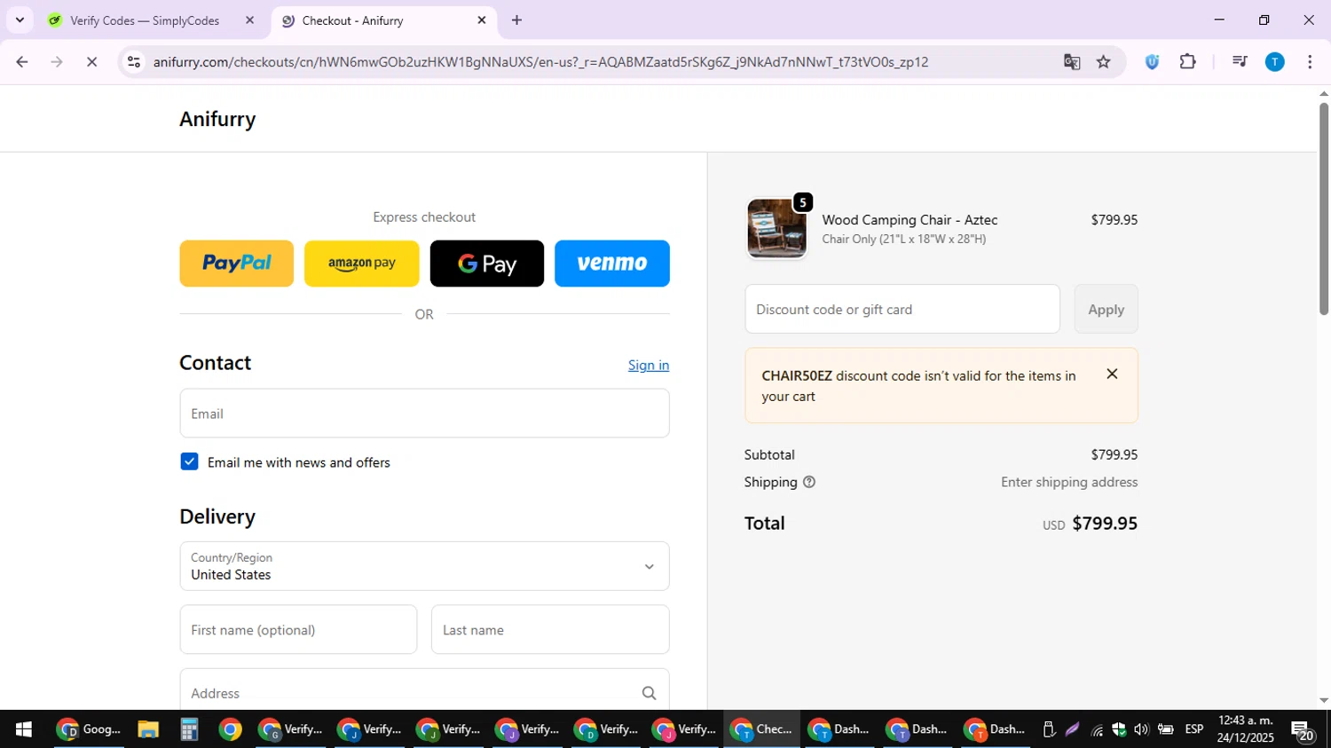 Anifurry discount code screenshot showing code CHAIR50EZ applied at Anifurry checkout page. Uploaded by SimplyCodes community member hankt1521 on Dec 24, 2025