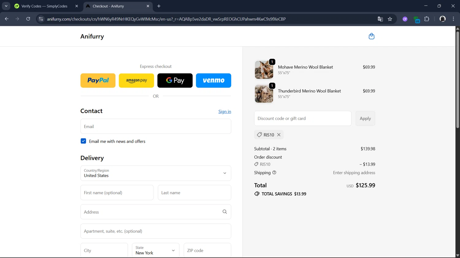 Anifurry discount code screenshot showing code Ris10 applied at Anifurry checkout page. Uploaded by SimplyCodes community member Teresa on Dec 29, 2025