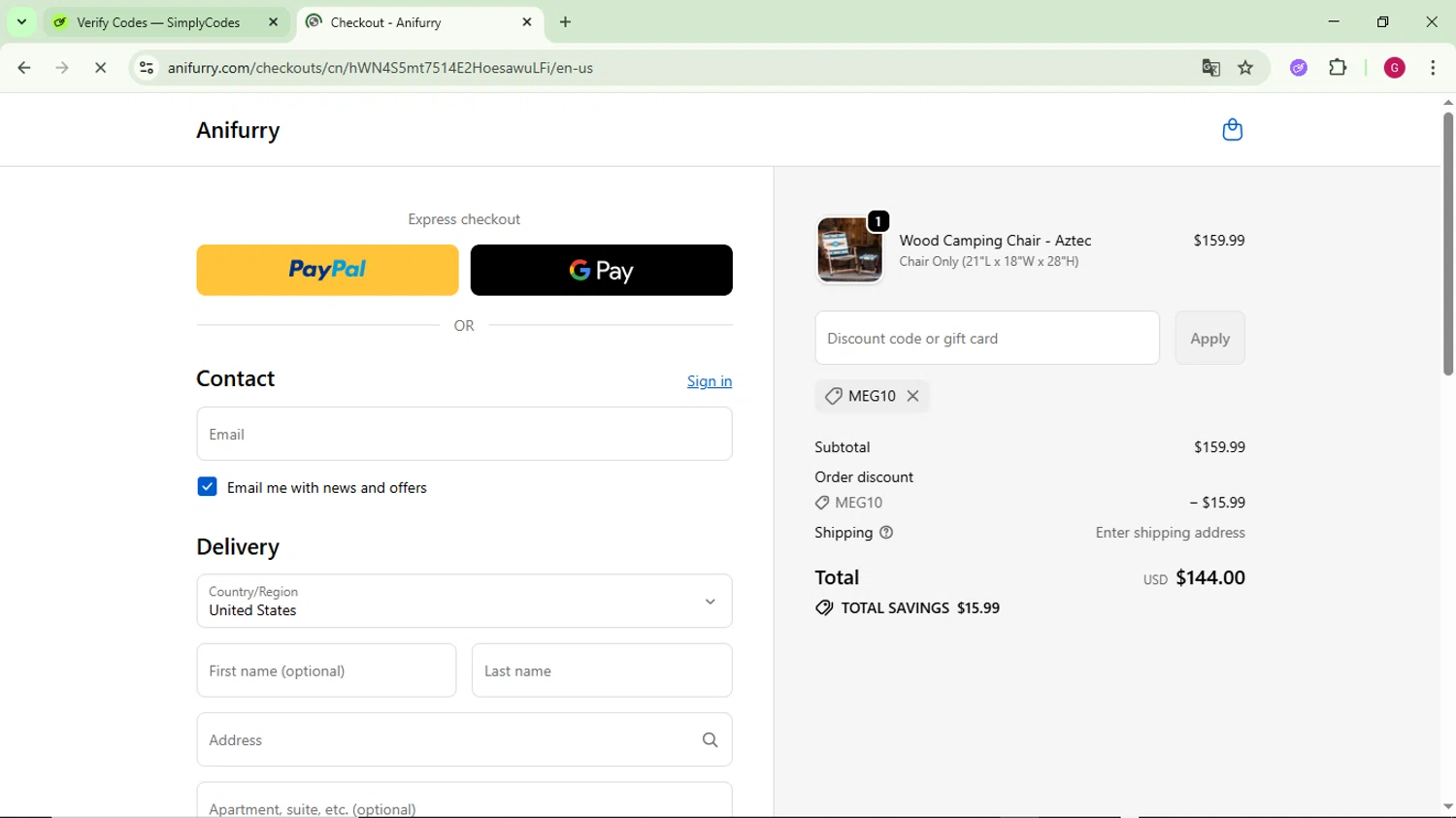 Anifurry discount code screenshot showing code Meg10 applied at Anifurry checkout page. Uploaded by SimplyCodes community member CrownFinder3074 on Oct 23, 2025