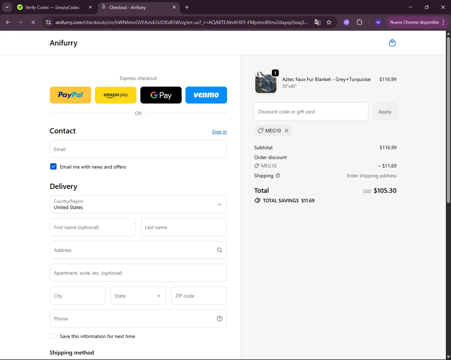 Anifurry discount code screenshot showing code Meg10 applied at Anifurry checkout page. Uploaded by SimplyCodes community member RewardLynx5307 on Dec 24, 2025