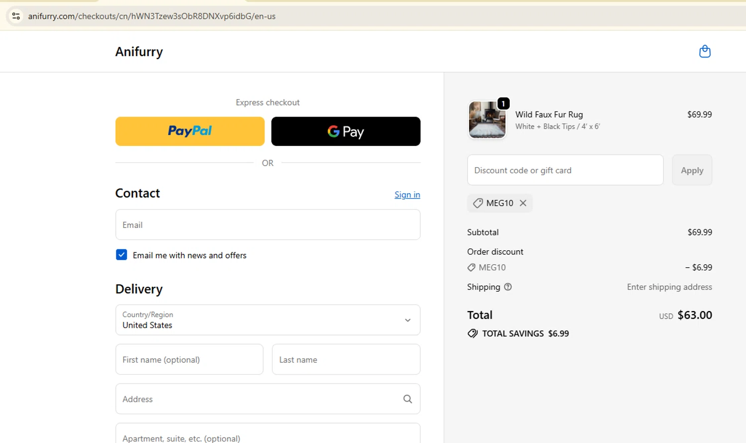 Anifurry discount code screenshot showing code Meg10 applied at Anifurry checkout page. Uploaded by SimplyCodes community member Samugl21 on Sep 28, 2025