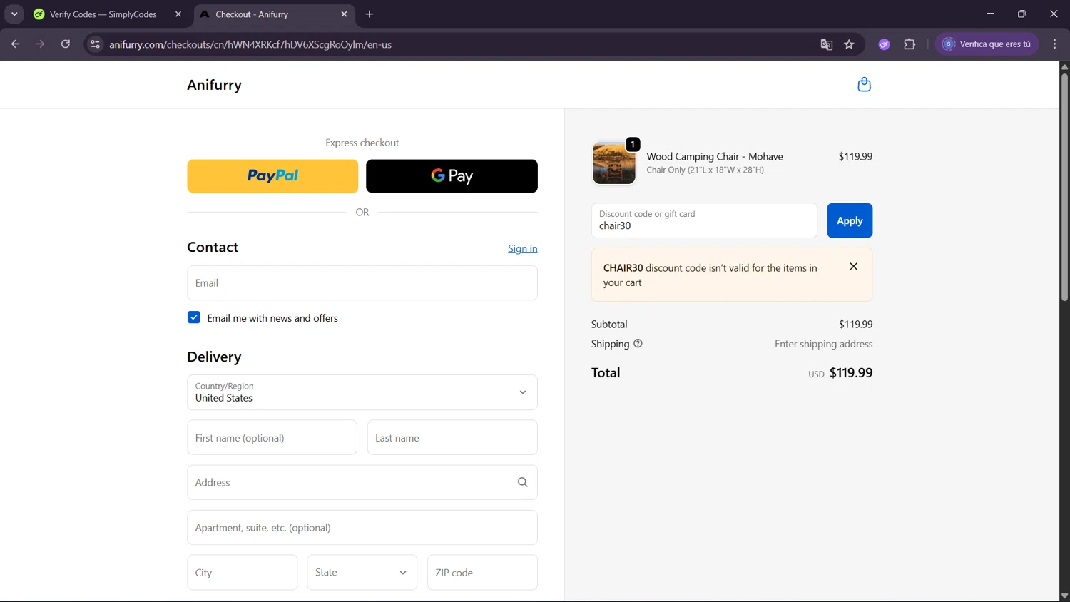 Anifurry discount code screenshot showing code chair30 applied at Anifurry checkout page. Uploaded by SimplyCodes community member ExtraordinaryWhiz4519 on Oct 25, 2025