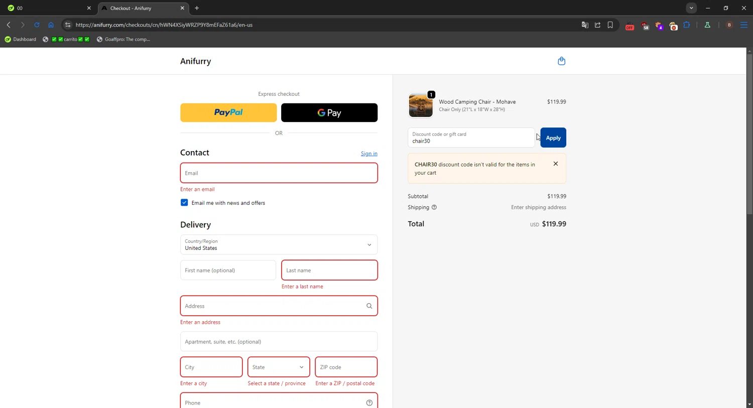 Anifurry discount code screenshot showing code chair30 applied at Anifurry checkout page. Uploaded by SimplyCodes community member FrugalShopper1585 on Oct 25, 2025