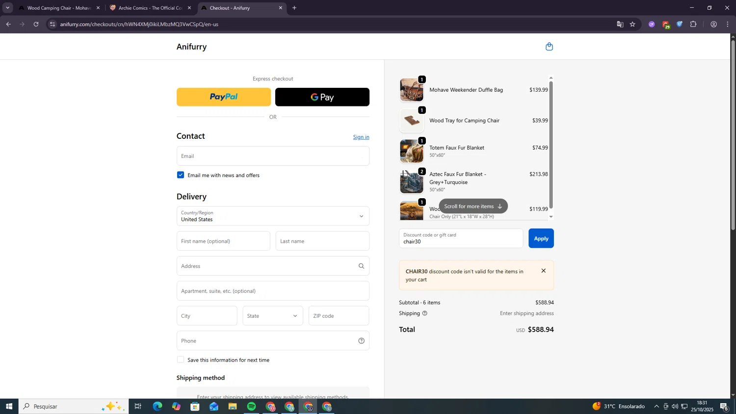 Anifurry discount code screenshot showing code chair30 applied at Anifurry checkout page. Uploaded by SimplyCodes community member SilverMaven6092 on Oct 25, 2025