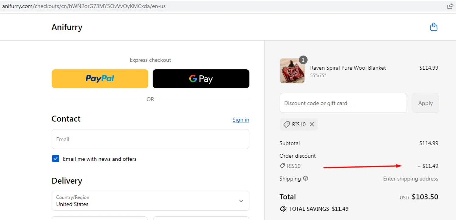Anifurry discount code screenshot showing code Ris10 applied at Anifurry checkout page. Uploaded by SimplyCodes community member EMILIANOMASABE on Sep 10, 2025
