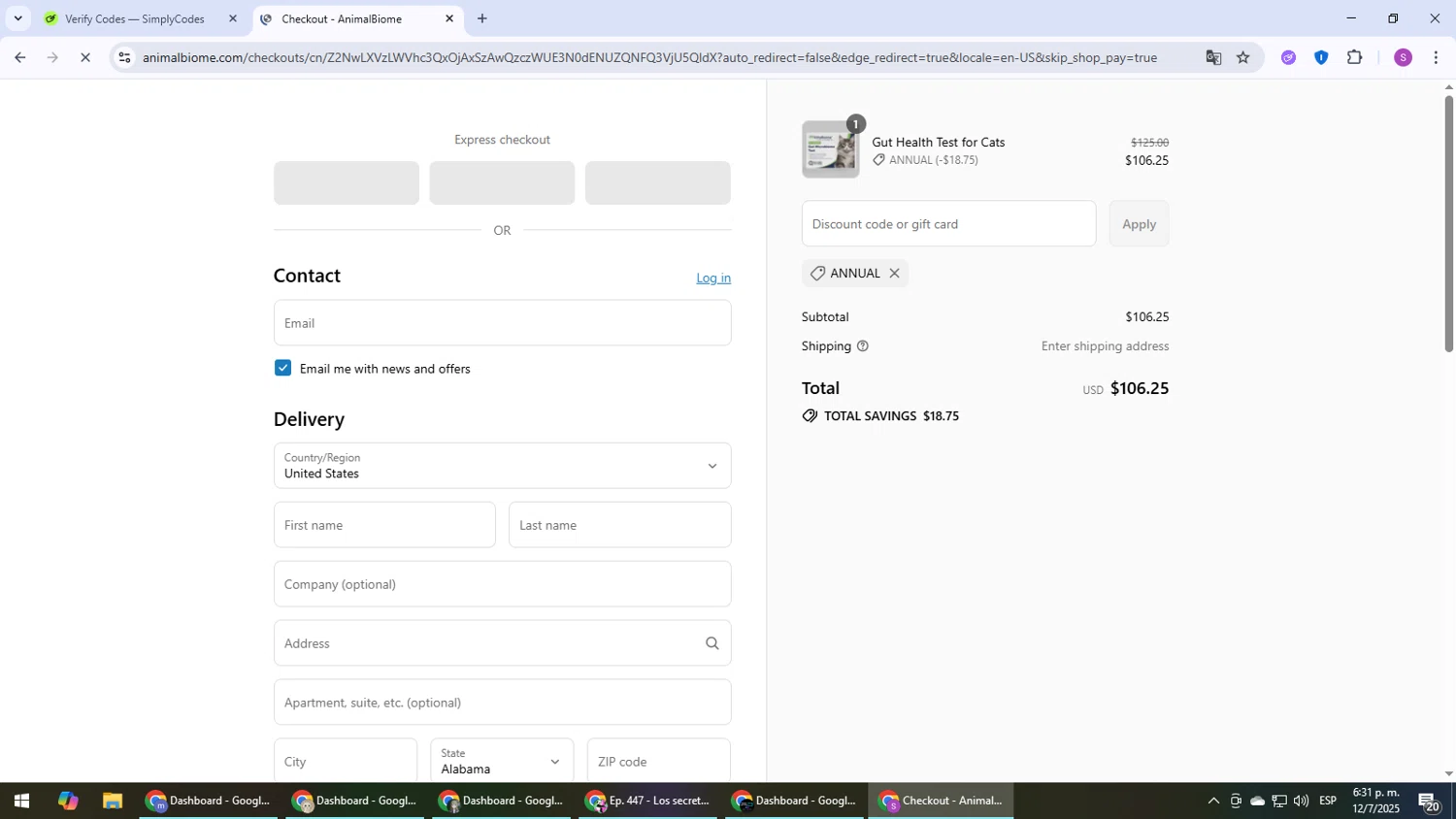 AnimalBiome discount code screenshot showing code ANNUAL applied at AnimalBiome checkout page. Uploaded by SimplyCodes community member Son_Goku on Jul 12, 2025