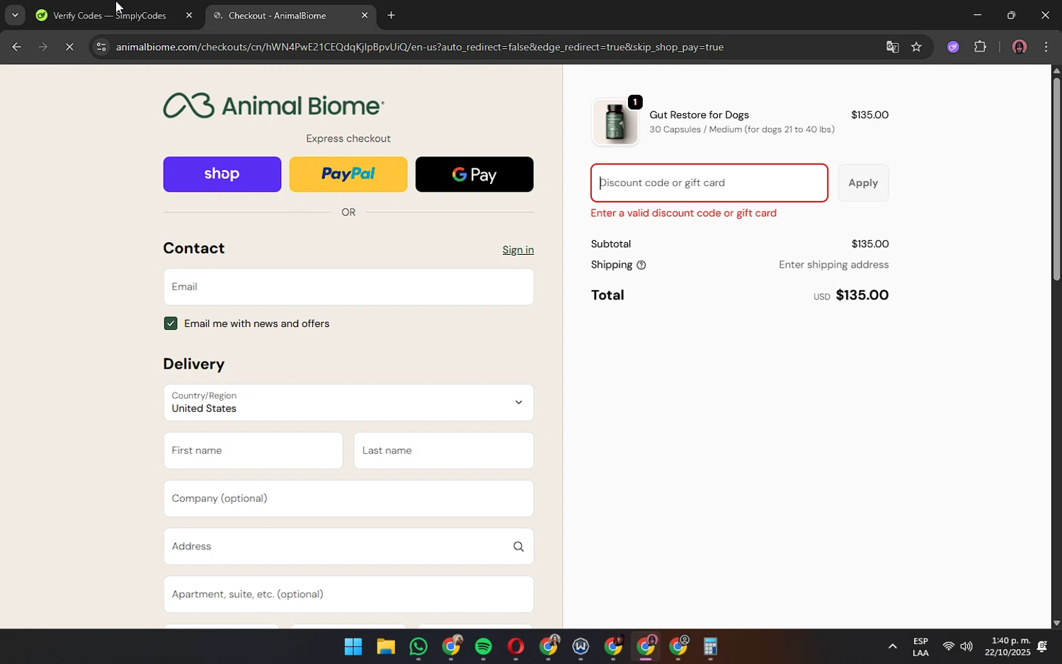 AnimalBiome discount code screenshot showing code B2G1 applied at AnimalBiome checkout page. Uploaded by SimplyCodes community member ShrewdPilot3521 on Oct 22, 2025