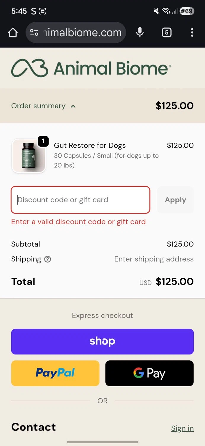 AnimalBiome discount code screenshot showing code BUY1-GET1 applied at AnimalBiome checkout page. Uploaded by SimplyCodes community member DealLynx6506 on Dec 4, 2025