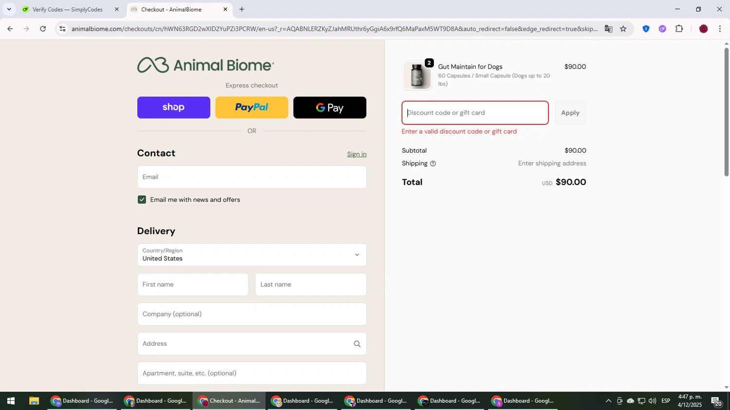 AnimalBiome discount code screenshot showing code BUY1-GET1 applied at AnimalBiome checkout page. Uploaded by SimplyCodes community member MightyLegend6657 on Dec 4, 2025