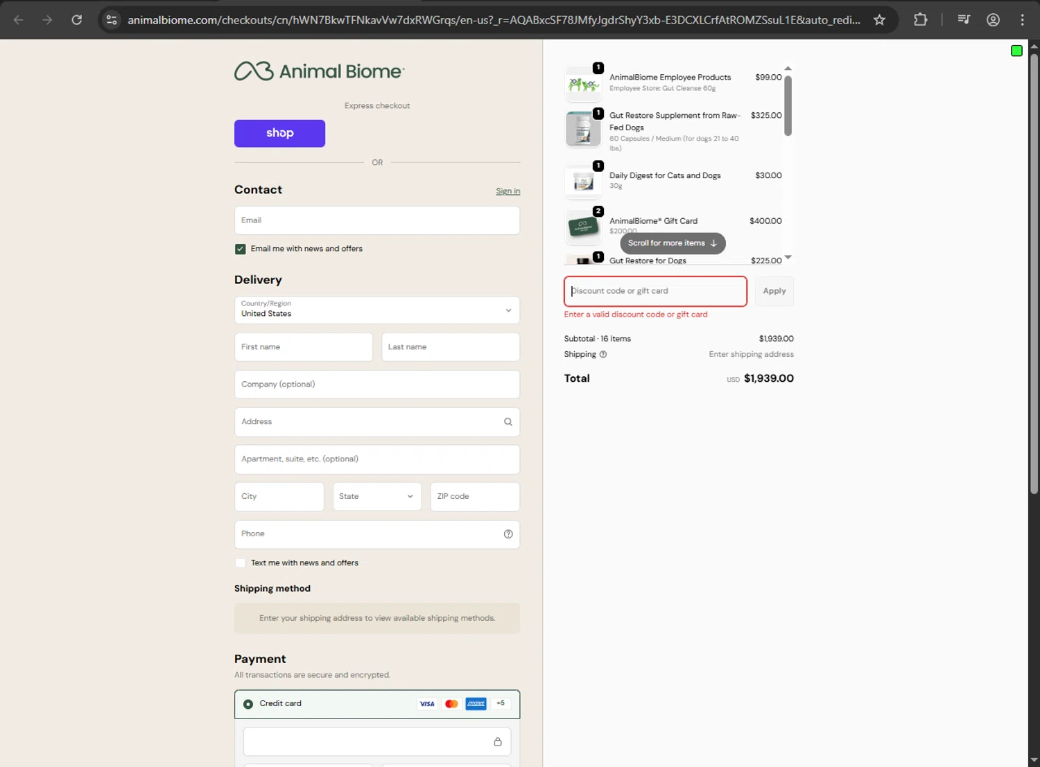 AnimalBiome discount code screenshot showing code GUT-RESTORE-BOGO applied at AnimalBiome checkout page. Uploaded by SimplyCodes community member zzzzzzza on Jan 3, 2026
