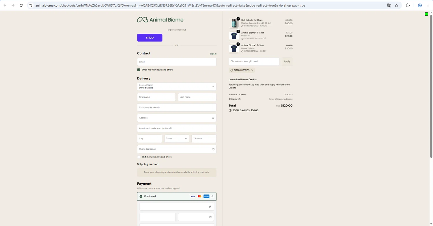 AnimalBiome promo code screenshot showing code sltnxx8zfdwl applied at AnimalBiome checkout page. Uploaded by SimplyCodes community member RINITOSHI on Apr 10, 2026