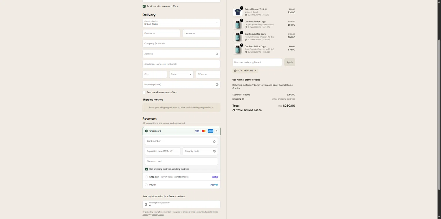 AnimalBiome promo code screenshot showing code sltnxx8zfdwl applied at AnimalBiome checkout page. Uploaded by SimplyCodes community member ValiantAce1810 on Apr 10, 2026
