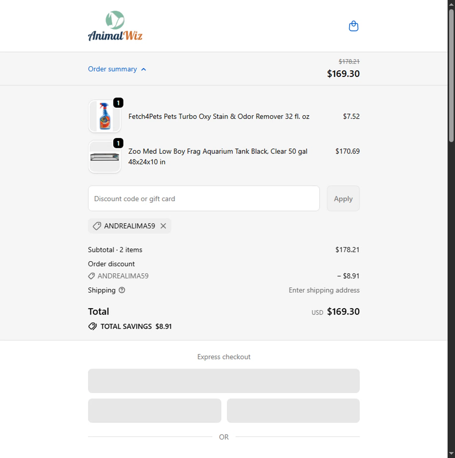 AnimalWiz promo code screenshot showing code ANDREALIMA59 applied at AnimalWiz checkout page. Uploaded by SimplyCodes community member BeaMartinez on Oct 14, 2025