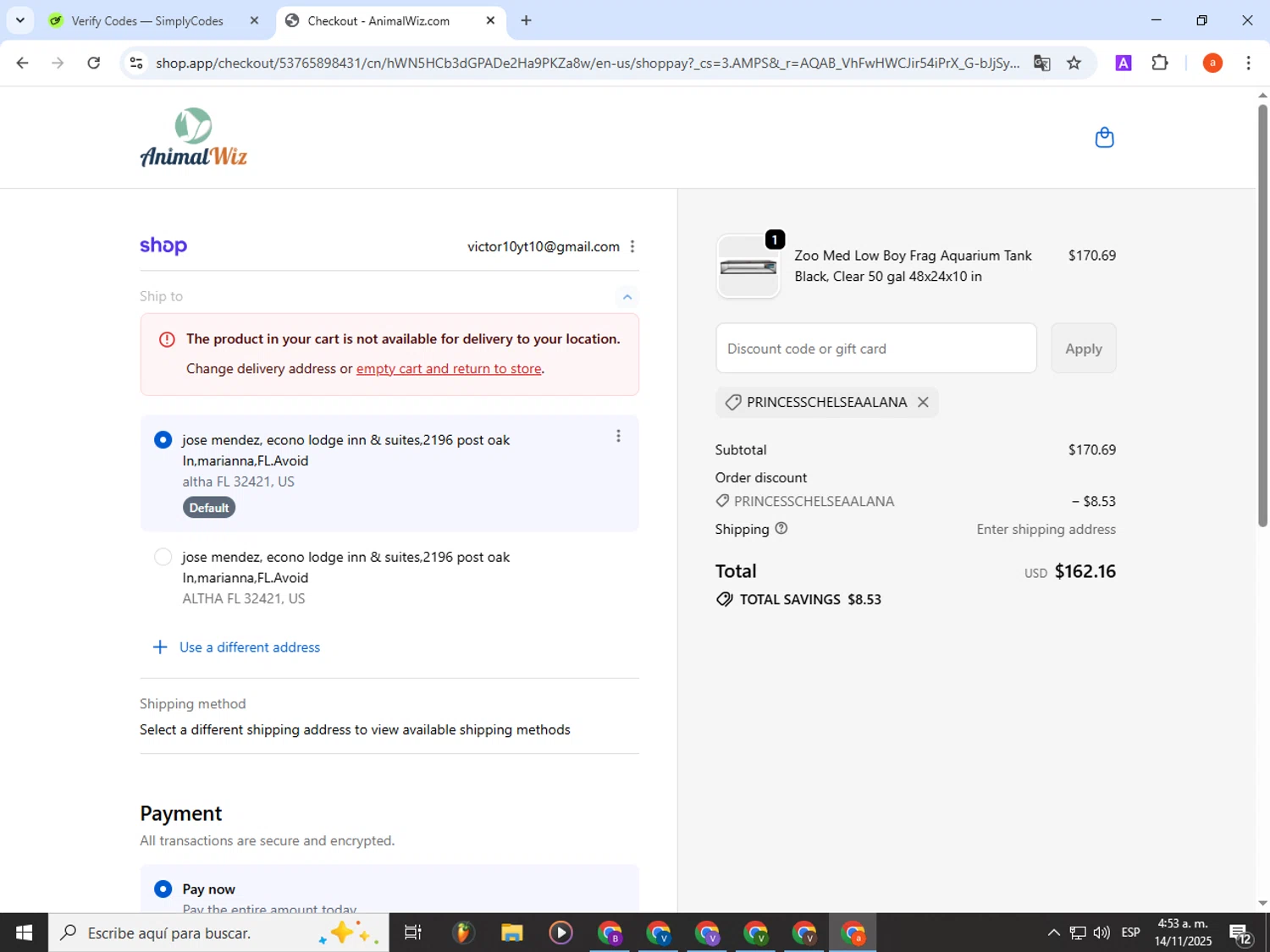 AnimalWiz promo code screenshot showing code PRINCESSCHELSEAALANA applied at AnimalWiz checkout page. Uploaded by SimplyCodes community member partenalgas on Nov 14, 2025