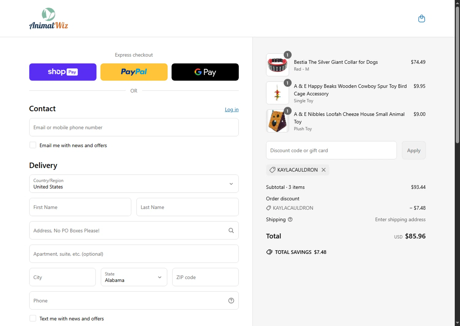AnimalWiz promo code screenshot showing code KAYLACAULDRON applied at AnimalWiz checkout page. Uploaded by SimplyCodes community member Beaaalmera on May 13, 2025
