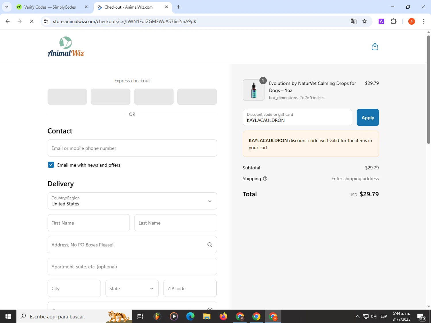 AnimalWiz promo code screenshot showing code KAYLACAULDRON applied at AnimalWiz checkout page. Uploaded by SimplyCodes community member partenalgas on Jul 31, 2025