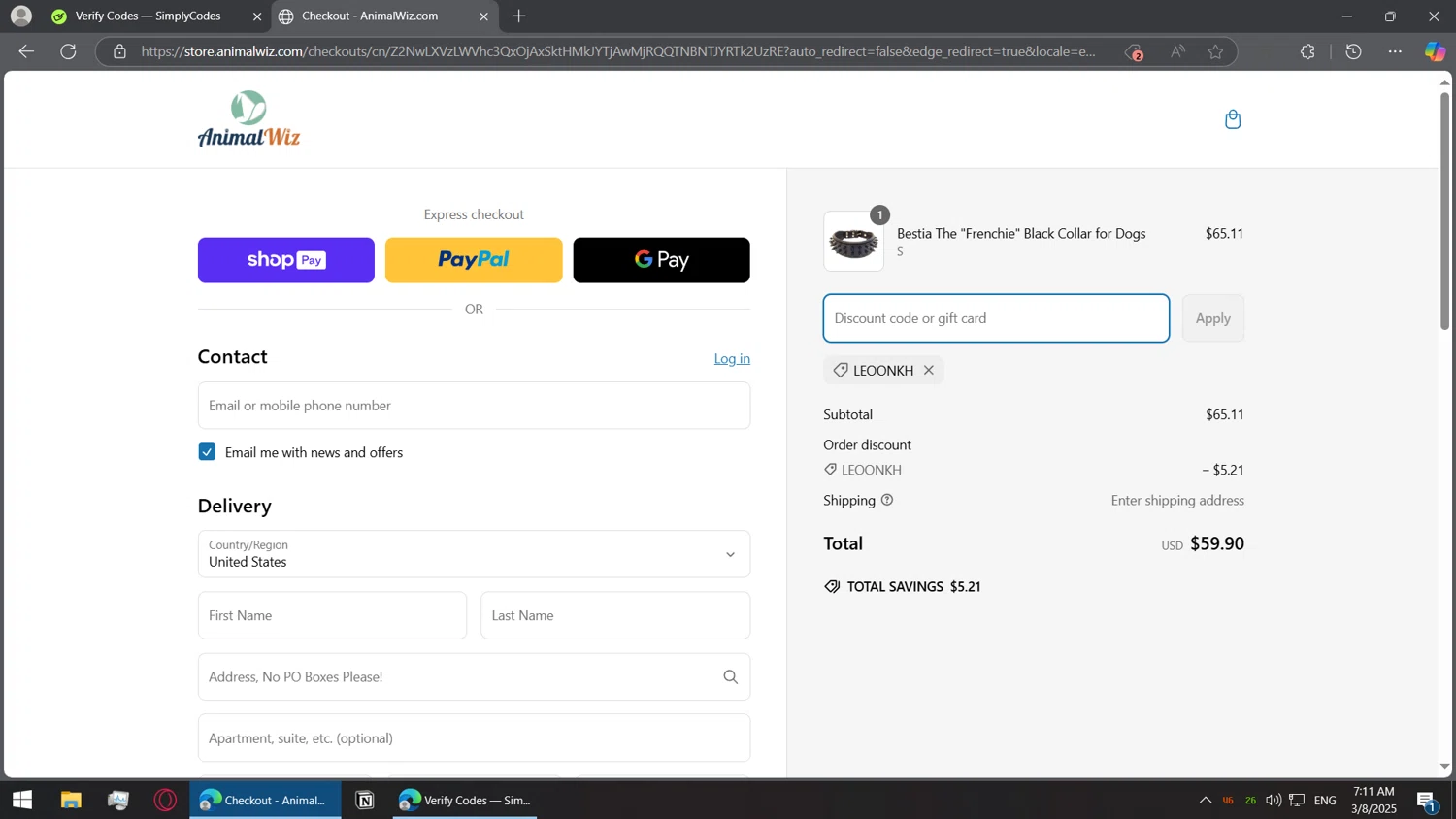 AnimalWiz promo code screenshot showing code LEOONKH applied at AnimalWiz checkout page. Uploaded by SimplyCodes community member BorgeZzz on Mar 8, 2025