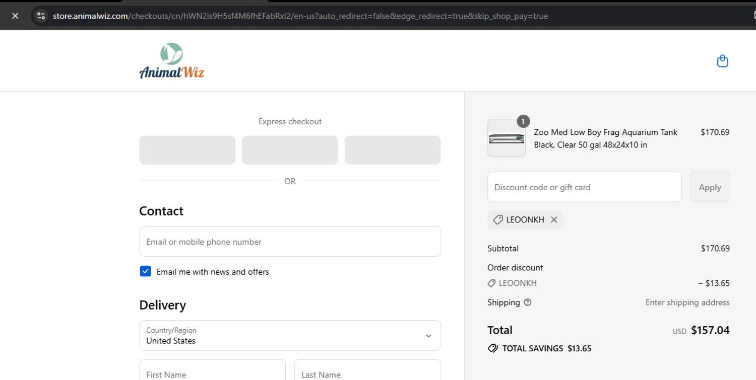 AnimalWiz promo code screenshot showing code LEOONKH applied at AnimalWiz checkout page. Uploaded by SimplyCodes community member Kony24 on Sep 8, 2025