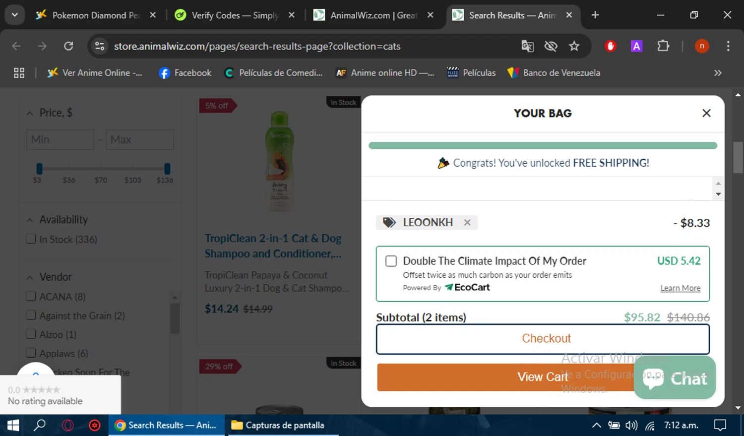 AnimalWiz promo code screenshot showing code LEOONKH applied at AnimalWiz checkout page. Uploaded by SimplyCodes community member Sasuk3 on Mar 8, 2025