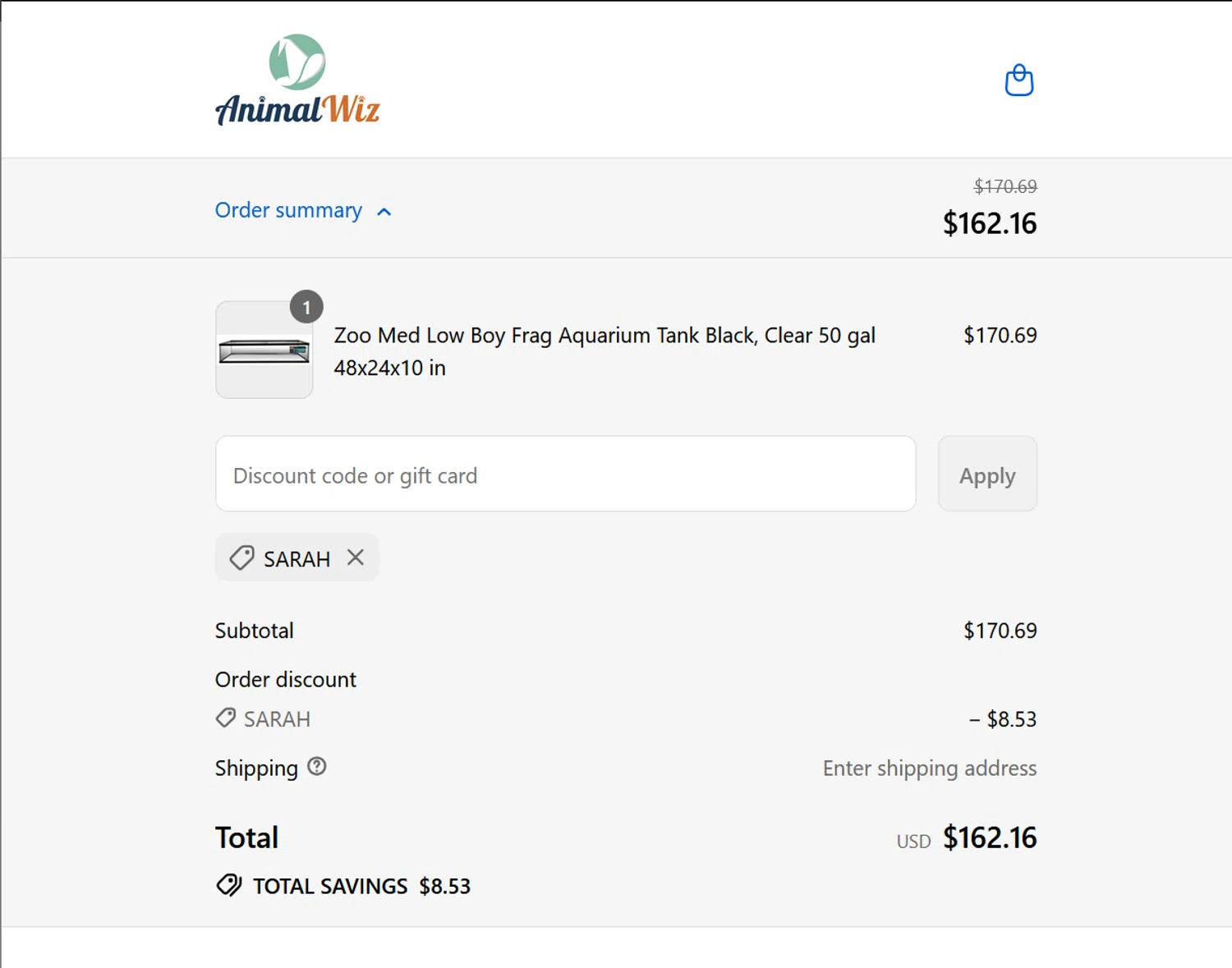 AnimalWiz promo code screenshot showing code SARAH applied at AnimalWiz checkout page. Uploaded by SimplyCodes community member ValiantLion5897 on Aug 26, 2025